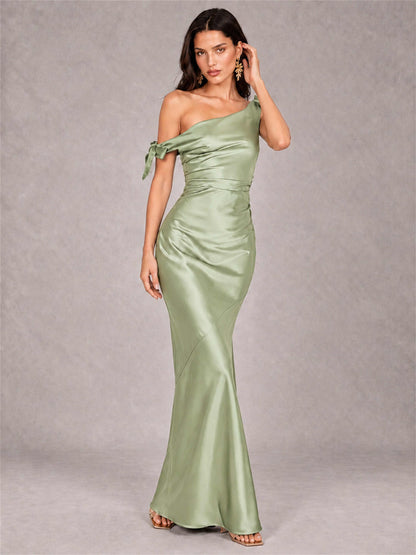 Off-The-Shoulder Ruched Sleeveless Mermaid Satin Wedding Guest Dress