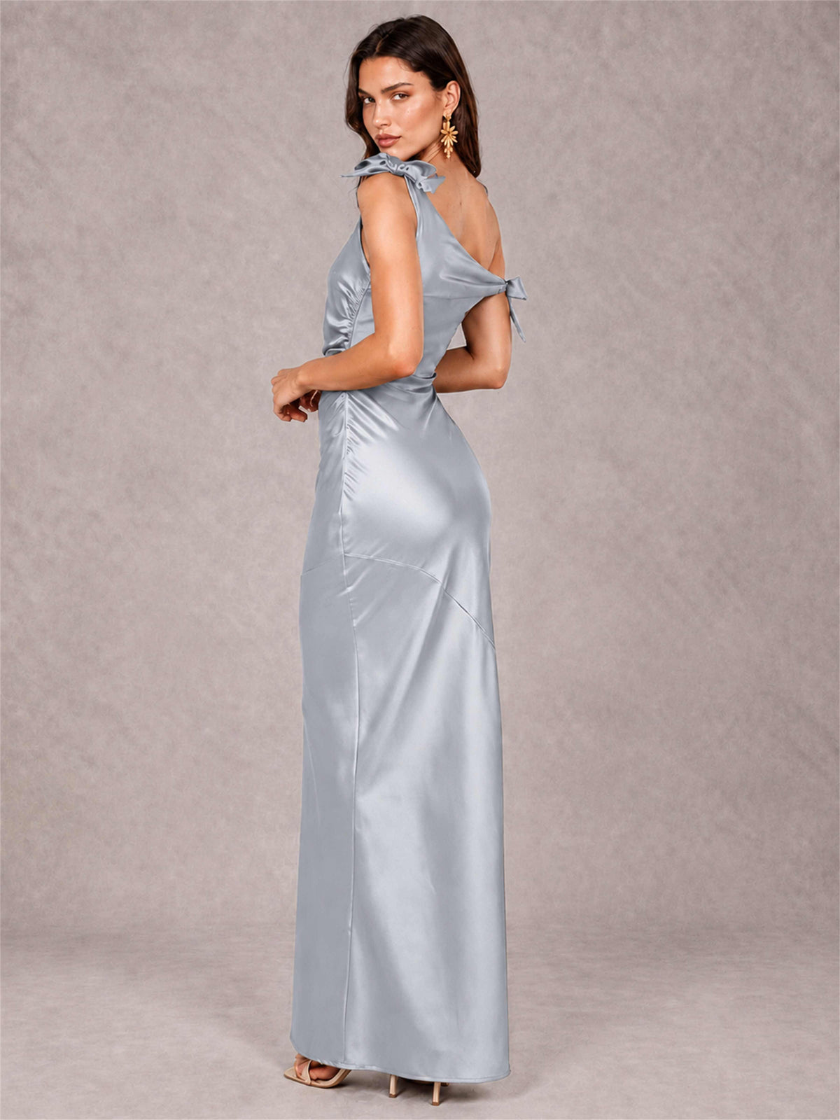 Off-The-Shoulder Ruched Sleeveless Mermaid Satin Wedding Guest Dress