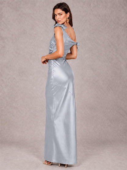 Off-The-Shoulder Ruched Sleeveless Mermaid Satin Wedding Guest Dress