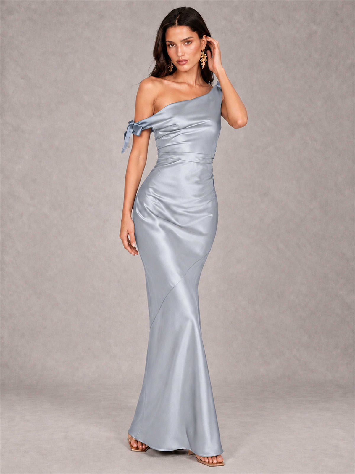Off-The-Shoulder Ruched Sleeveless Mermaid Satin Wedding Guest Dress