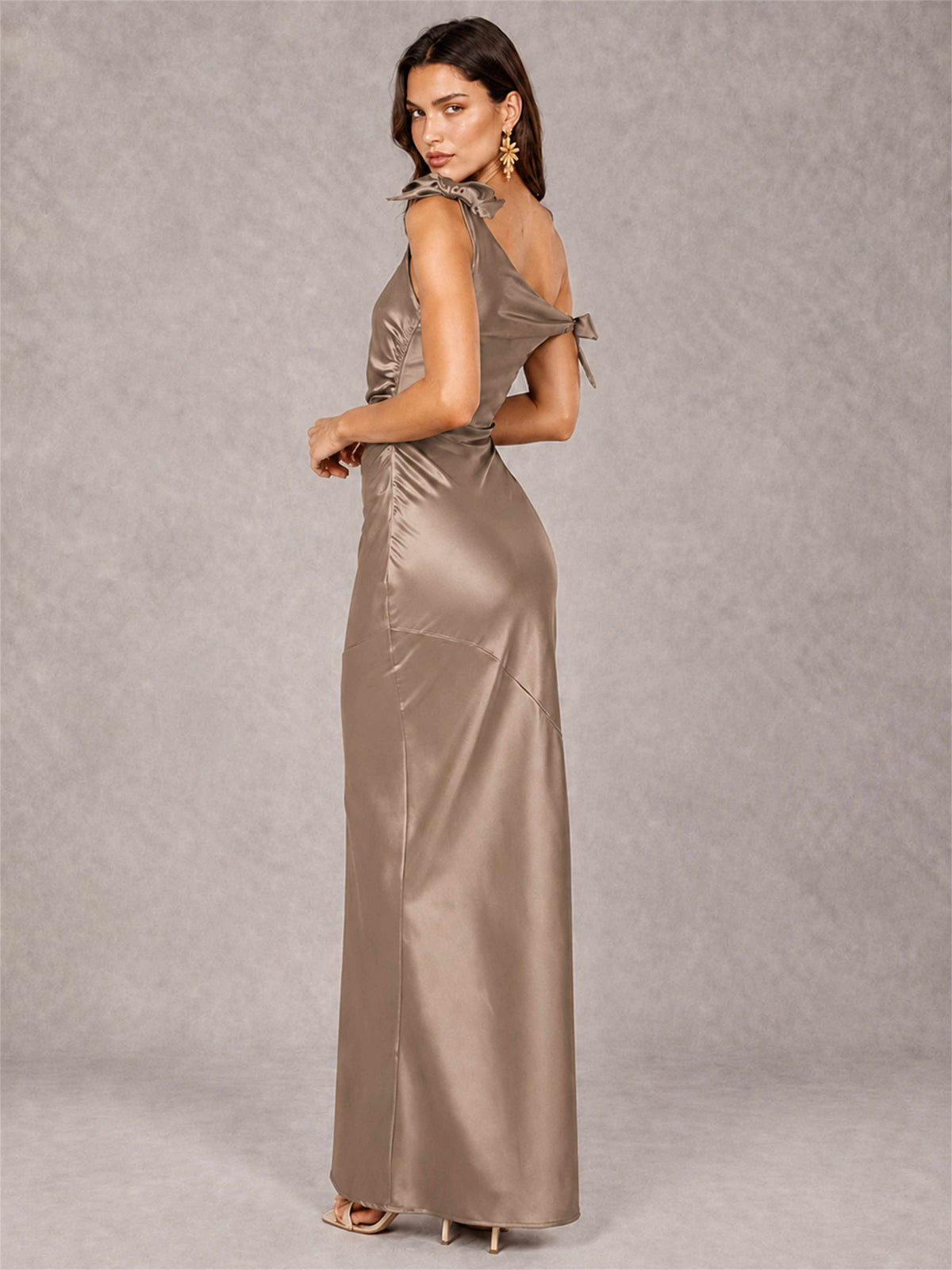 Off-The-Shoulder Ruched Sleeveless Mermaid Satin Wedding Guest Dress