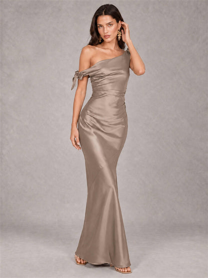Off-The-Shoulder Ruched Sleeveless Mermaid Satin Wedding Guest Dress