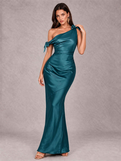 Off-The-Shoulder Ruched Sleeveless Mermaid Satin Wedding Guest Dress
