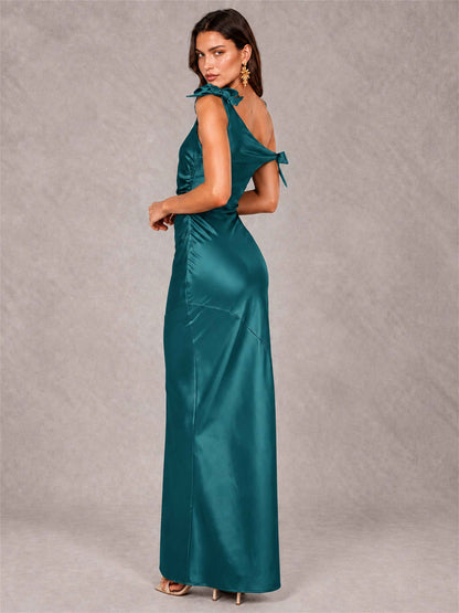 Off-The-Shoulder Ruched Sleeveless Mermaid Satin Wedding Guest Dress