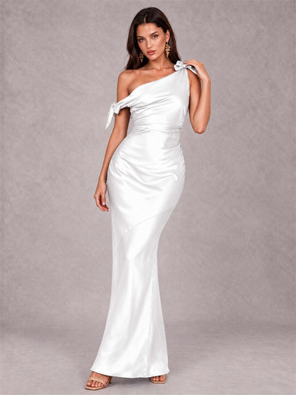 Off-The-Shoulder Ruched Sleeveless Mermaid Satin Wedding Guest Dress