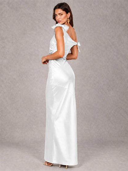 Off-The-Shoulder Ruched Sleeveless Mermaid Satin Wedding Guest Dress