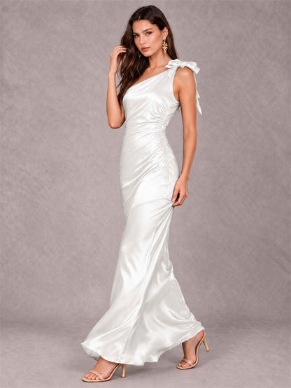 Off-The-Shoulder Ruched Sleeveless Mermaid Satin Wedding Guest Dress