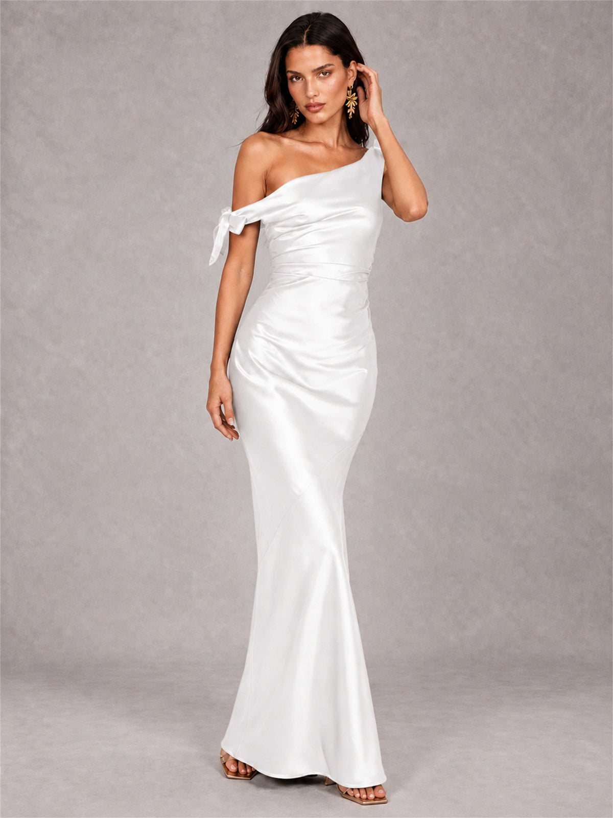 Off-The-Shoulder Ruched Sleeveless Mermaid Satin Wedding Guest Dress