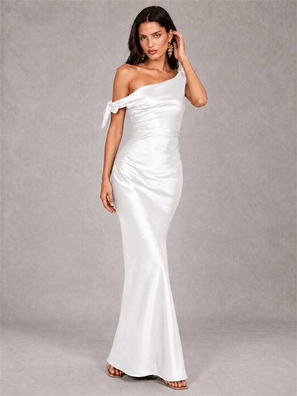 Off-The-Shoulder Ruched Sleeveless Mermaid Satin Wedding Guest Dress