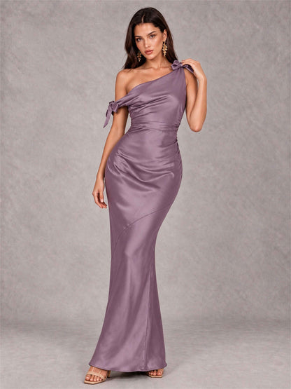 Off-The-Shoulder Ruched Sleeveless Mermaid Satin Wedding Guest Dress
