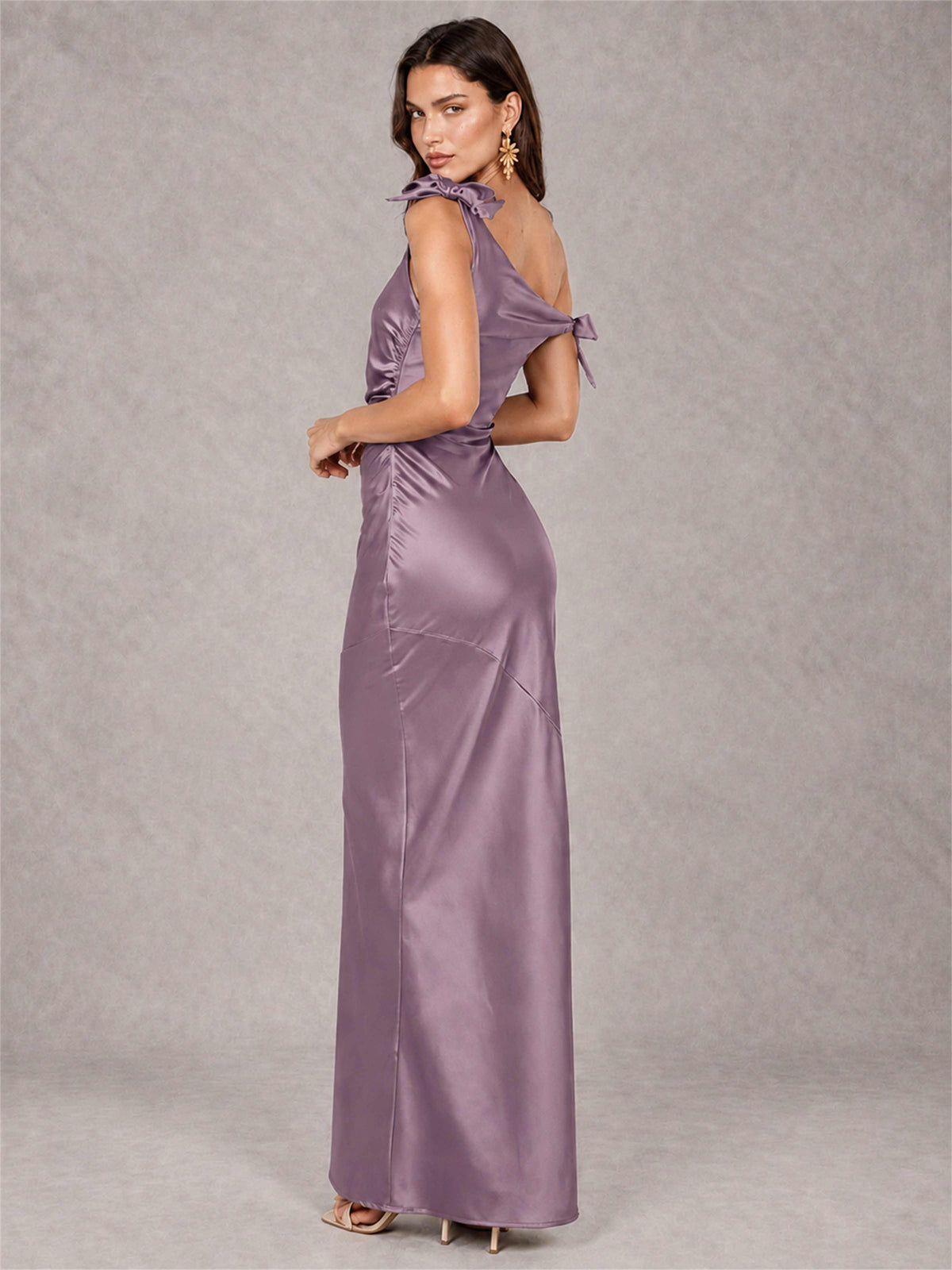 Off-The-Shoulder Ruched Sleeveless Mermaid Satin Wedding Guest Dress