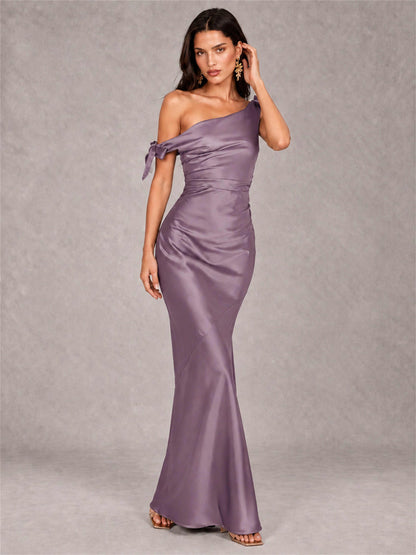 Off-The-Shoulder Ruched Sleeveless Mermaid Satin Wedding Guest Dress
