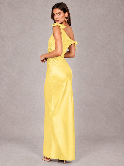 Off-The-Shoulder Ruched Sleeveless Mermaid Satin Wedding Guest Dress