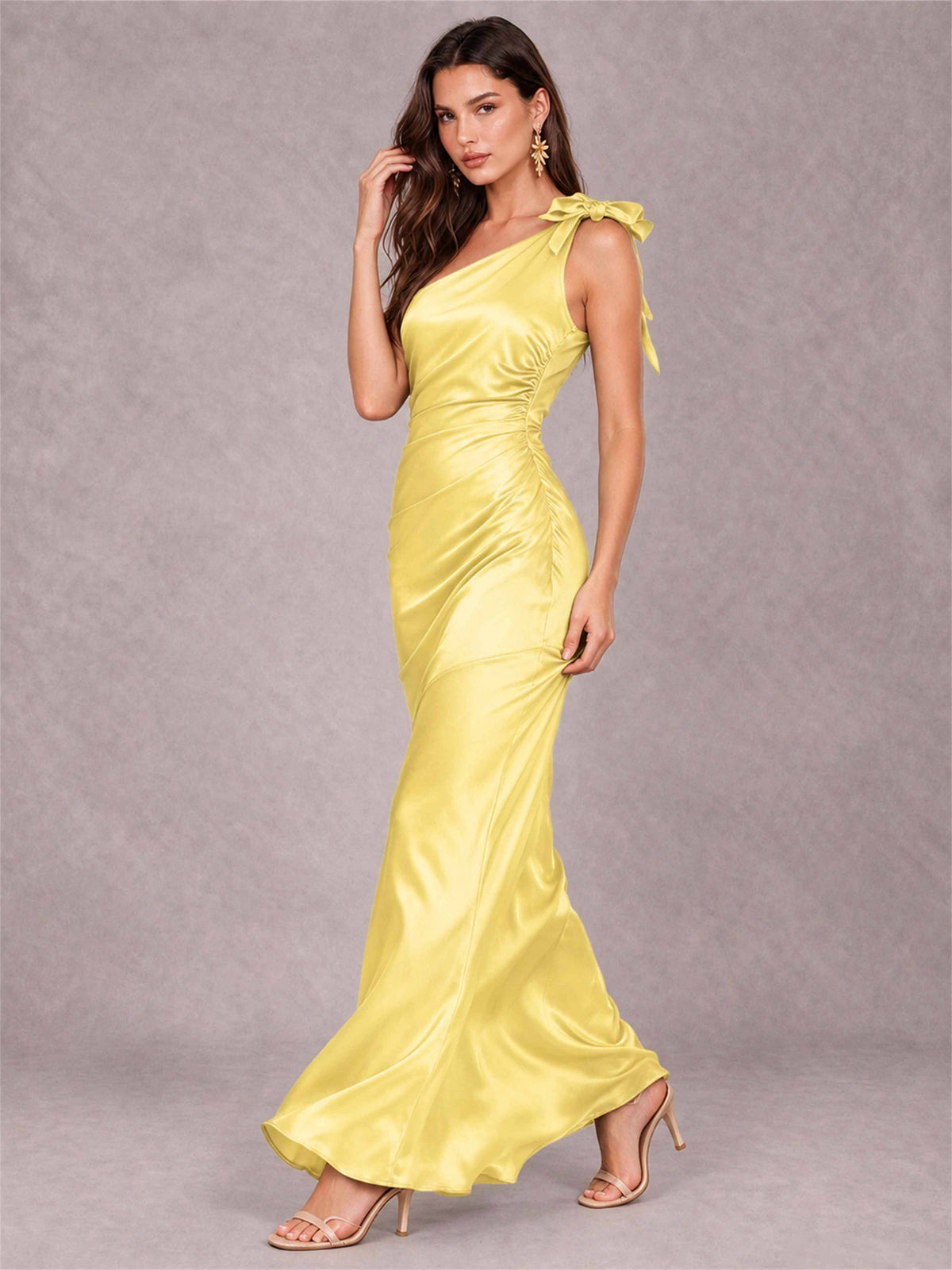 Off-The-Shoulder Ruched Sleeveless Mermaid Satin Wedding Guest Dress