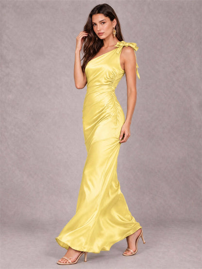 Off-The-Shoulder Ruched Sleeveless Mermaid Satin Wedding Guest Dress