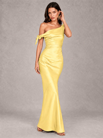 Off-The-Shoulder Ruched Sleeveless Mermaid Satin Wedding Guest Dress
