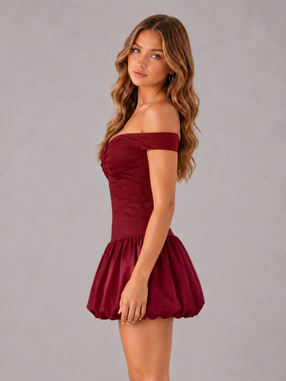 Burgundy Off-The-Shoulder Sweetheart Drop-Waist Bubble Hem Mini Homecoming Dresses