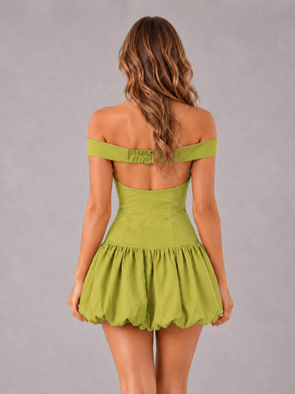 Chartreuse Off-The-Shoulder Sweetheart Drop-Waist Bubble Hem Mini Homecoming Dresses