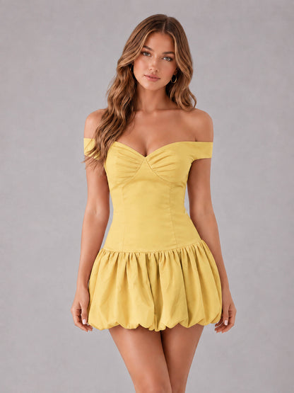 Gold Off-The-Shoulder Sweetheart Drop-Waist Bubble Hem Mini Homecoming Dresses