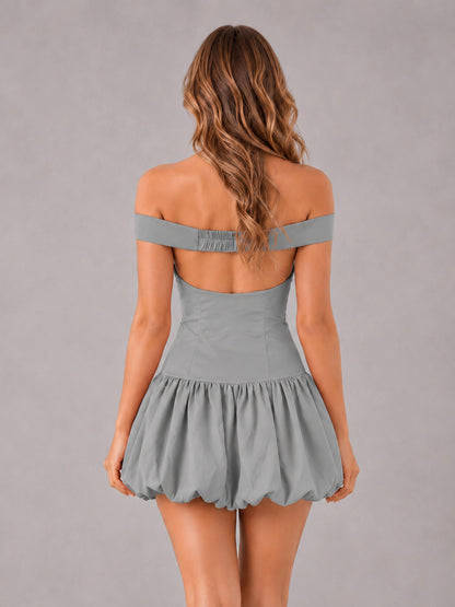 Grey Off-The-Shoulder Sweetheart Drop-Waist Bubble Hem Mini Homecoming Dresses