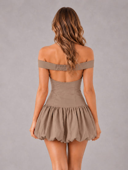 Taupe Off-The-Shoulder Sweetheart Drop-Waist Bubble Hem Mini Homecoming Dresses
