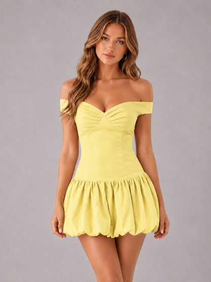 Yellow Off-The-Shoulder Sweetheart Drop-Waist Bubble Hem Mini Homecoming Dresses