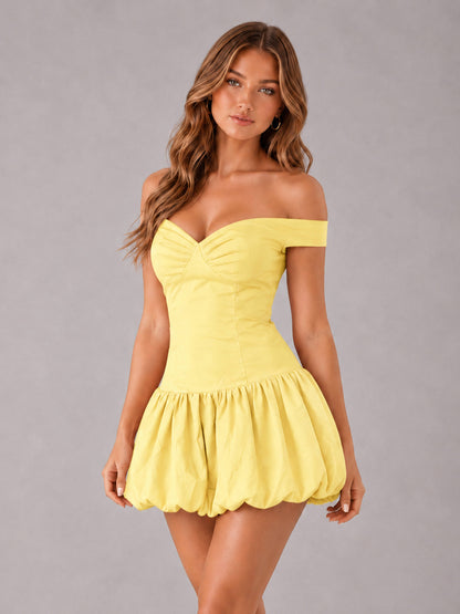 Yellow Off-The-Shoulder Sweetheart Drop-Waist Bubble Hem Mini Homecoming Dresses