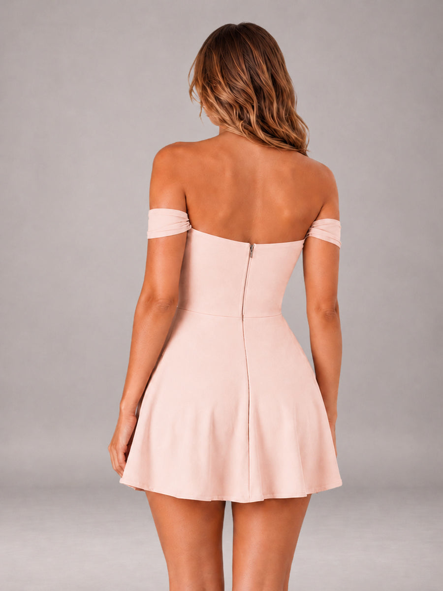 Blush Pink Off-The-Shoulder Sweetheart Ruched A-Line Mini Homecoming Dresses