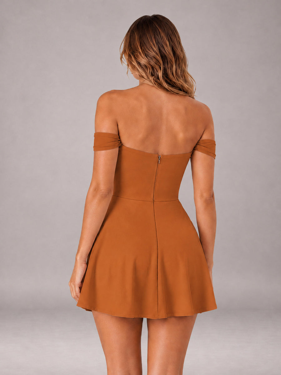 Burnt Orange Off-The-Shoulder Sweetheart Ruched A-Line Mini Homecoming Dresses