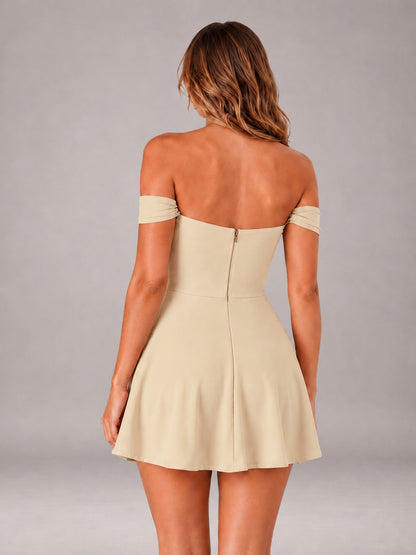 Champagne Off-The-Shoulder Sweetheart Ruched A-Line Mini Homecoming Dresses