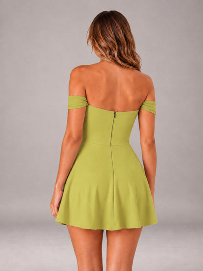 Chartreuse Off-The-Shoulder Sweetheart Ruched A-Line Mini Homecoming Dresses