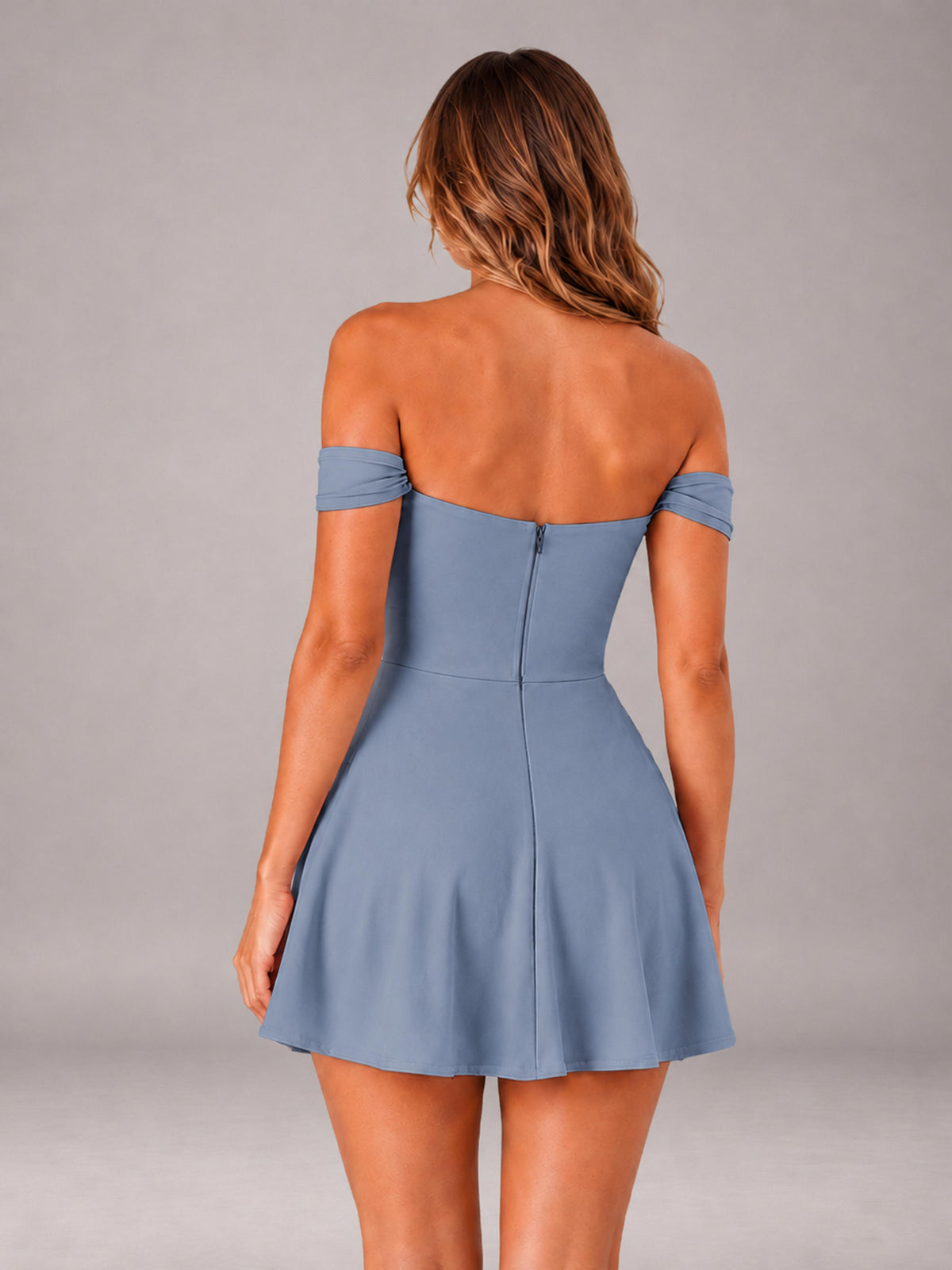 Dusty Blue Off-The-Shoulder Sweetheart Ruched A-Line Mini Homecoming Dresses