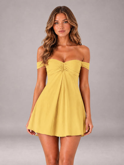 Gold Off-The-Shoulder Sweetheart Ruched A-Line Mini Homecoming Dresses