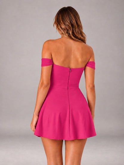 Hot Pink Off-The-Shoulder Sweetheart Ruched A-Line Mini Homecoming Dresses