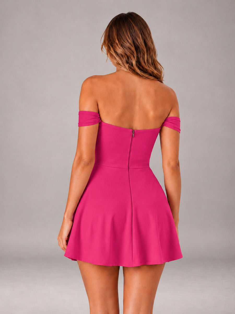 Hot Pink Off-The-Shoulder Sweetheart Ruched A-Line Mini Homecoming Dresses