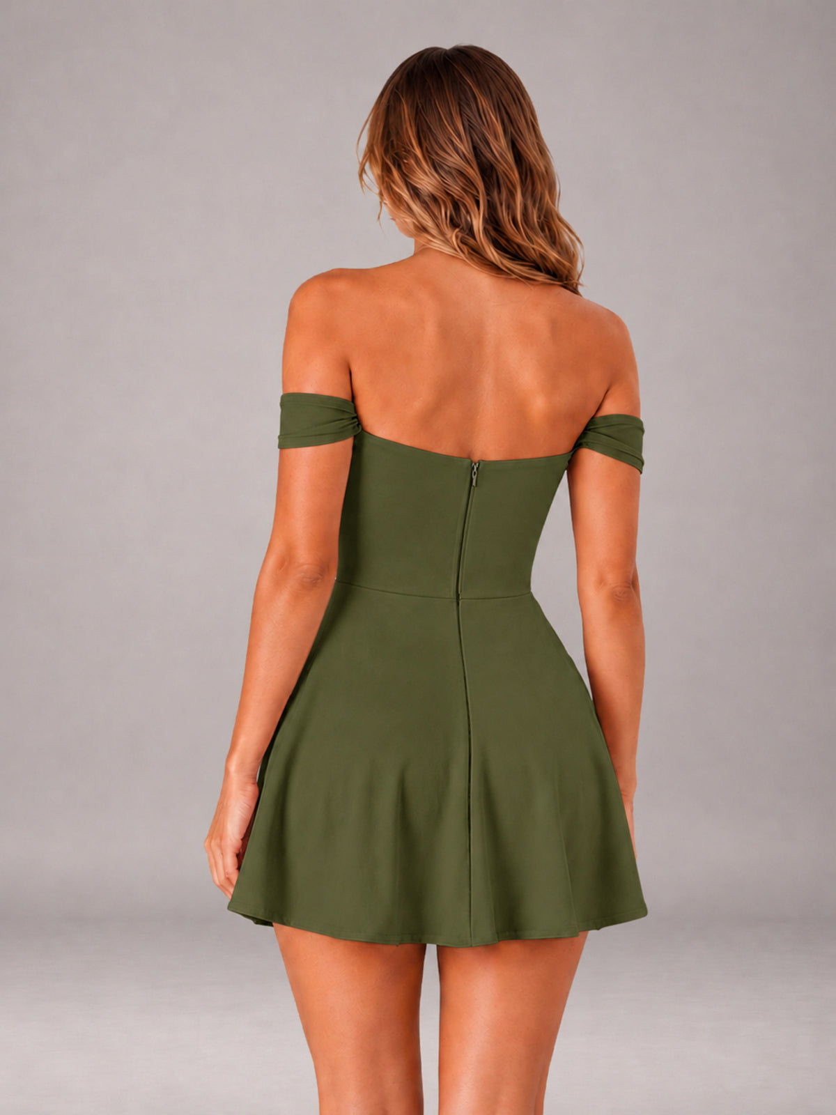 Olive Green Off-The-Shoulder Sweetheart Ruched A-Line Mini Homecoming Dresses