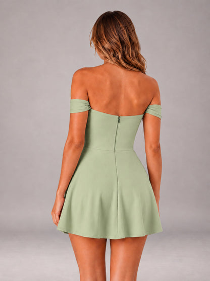 Sage Green Off-The-Shoulder Sweetheart Ruched A-Line Mini Homecoming Dresses