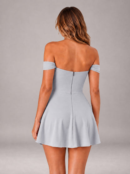 Silver Off-The-Shoulder Sweetheart Ruched A-Line Mini Homecoming Dresses