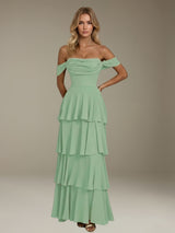 Free Shipping Off-the-Shoulder A-Line Bridesmaid Dress with Pleated Chiffon Ruffles