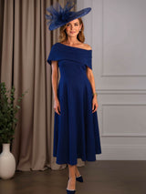 Off-the-Shoulder Foldover Neckline A-Line Tea-Length Mother of the Bride Dress