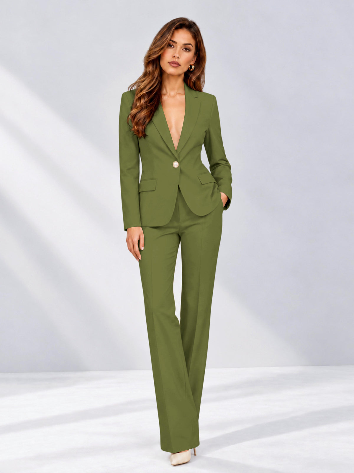 Olive Green 2 Pieces Slim Fit One Button Women's Suits for Commuting