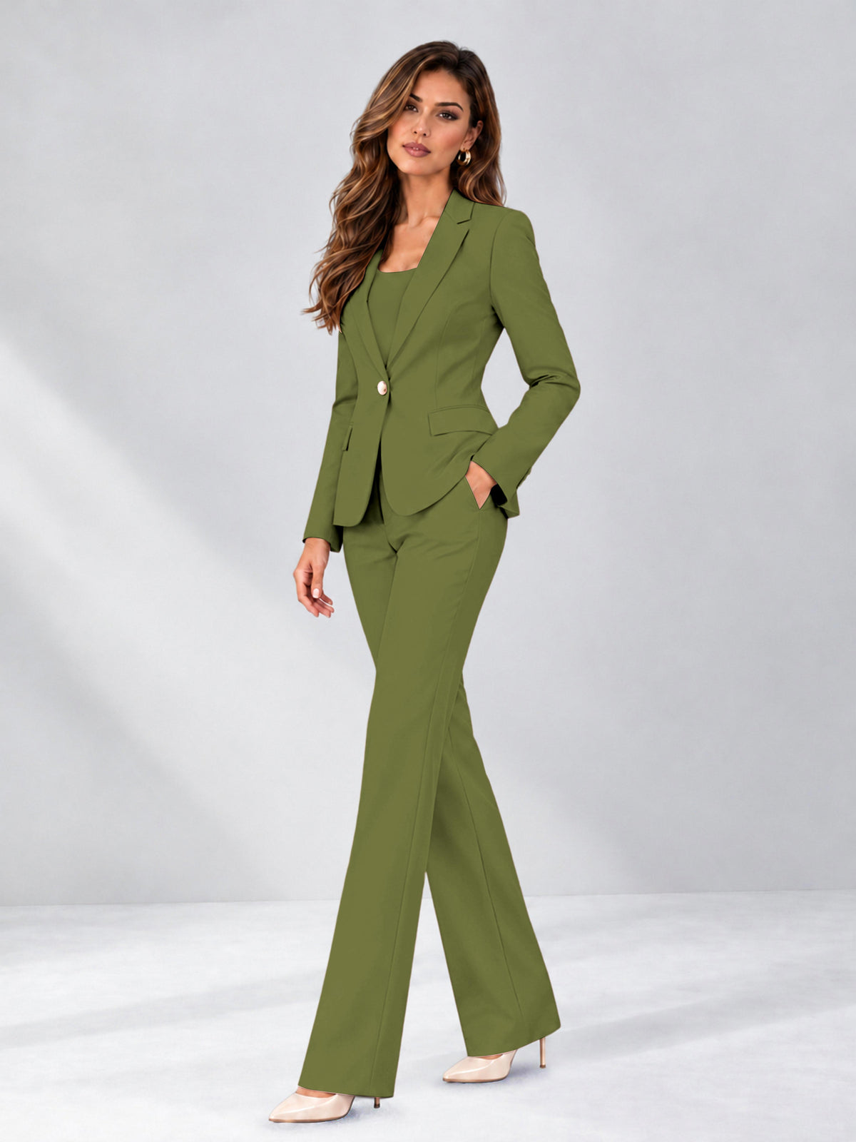 Olive Green 2 Pieces Slim Fit One Button Women's Suits for Commuting