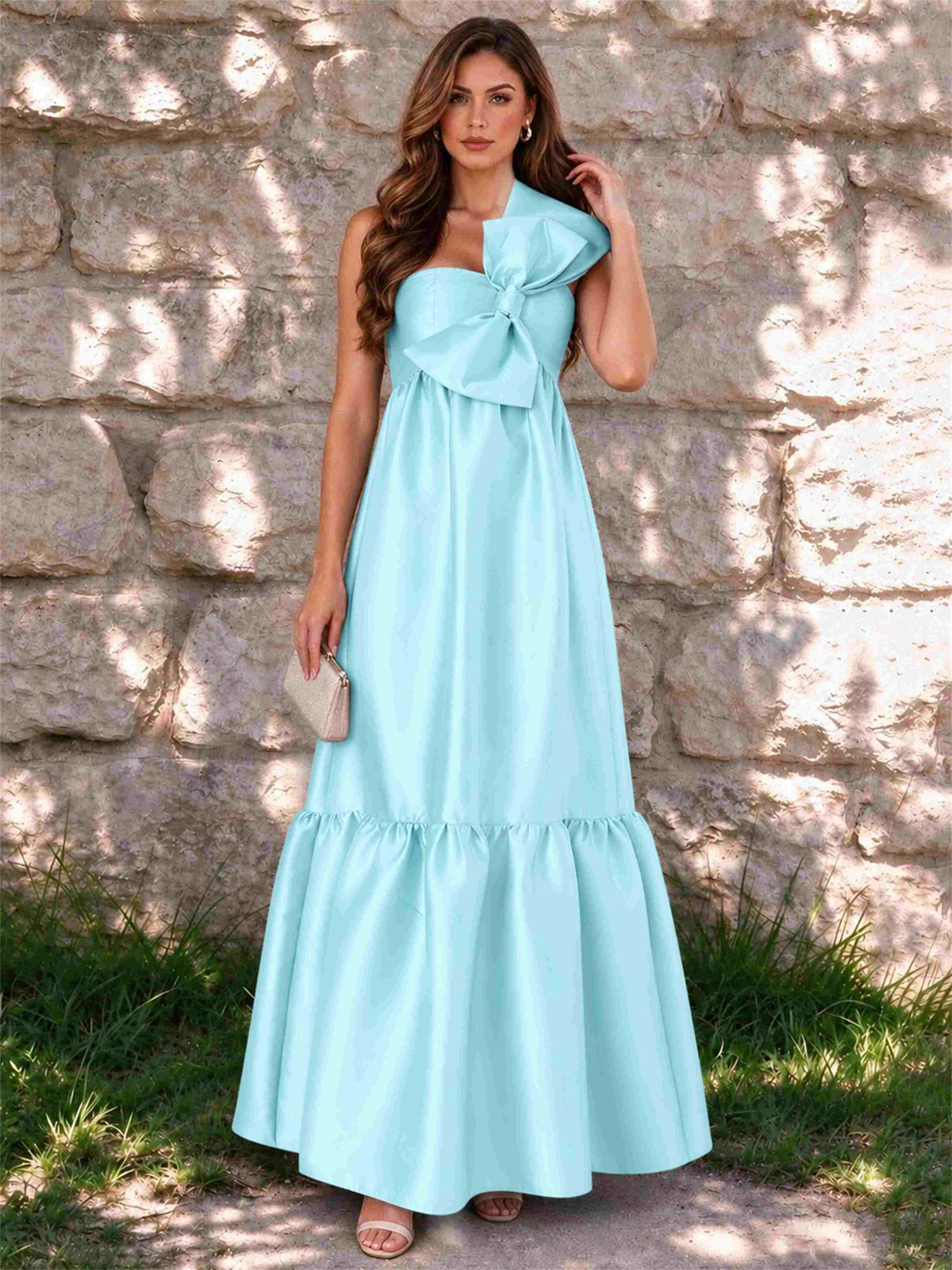 One Shoulder A-Line Satin Sleeveless Wedding Guest Dress with Bowknot