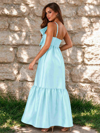 One Shoulder A-Line Satin Sleeveless Wedding Guest Dress with Bowknot