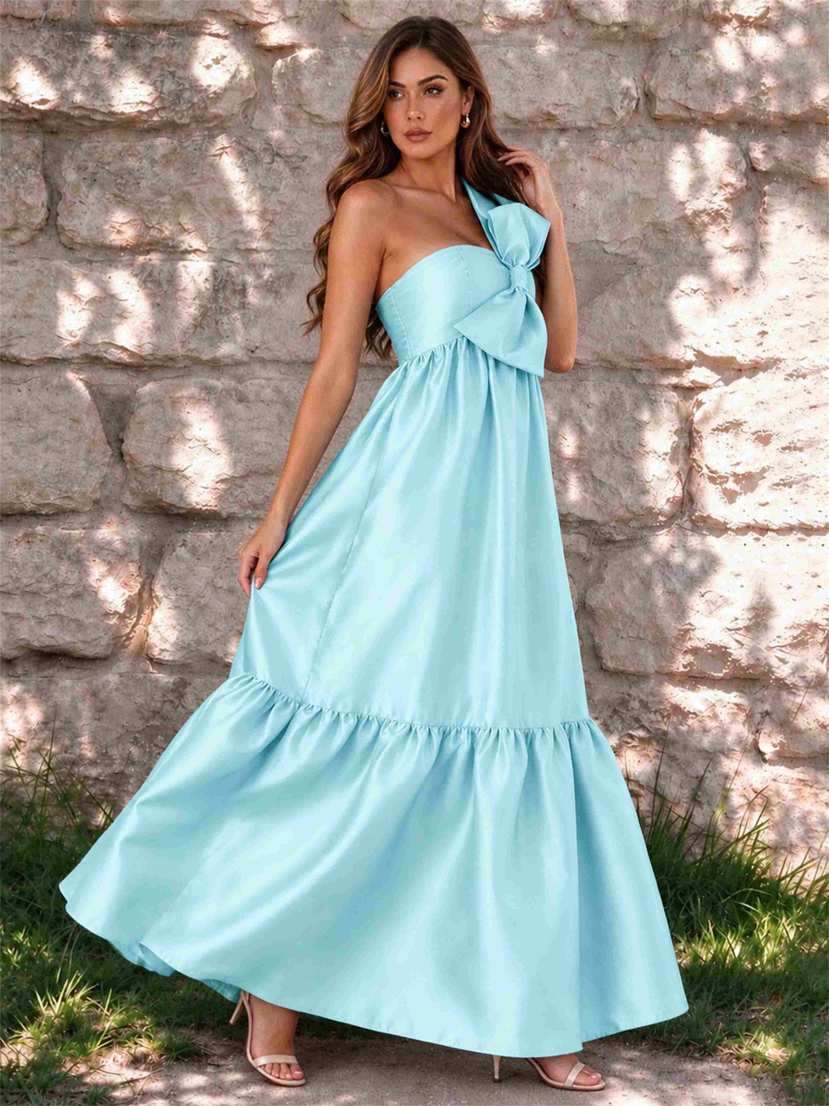 One Shoulder A-Line Satin Sleeveless Wedding Guest Dress with Bowknot