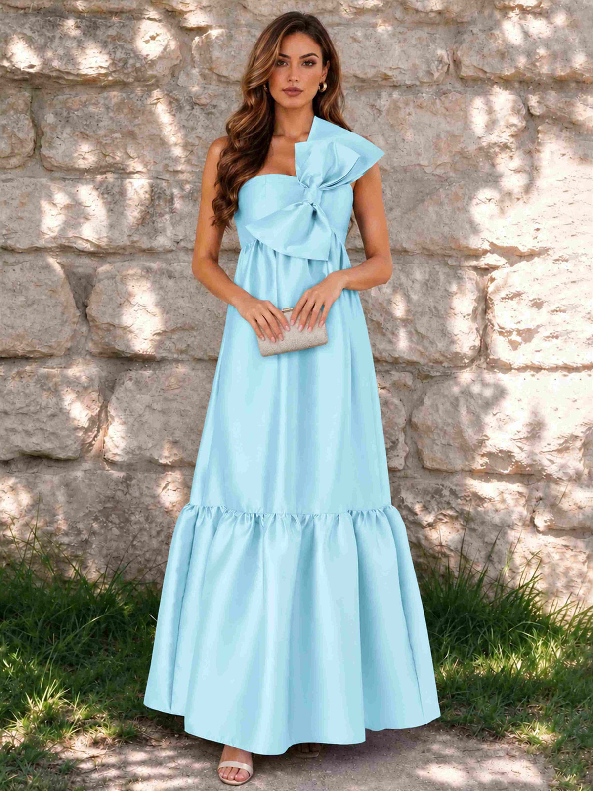 One Shoulder A-Line Satin Sleeveless Wedding Guest Dress with Bowknot