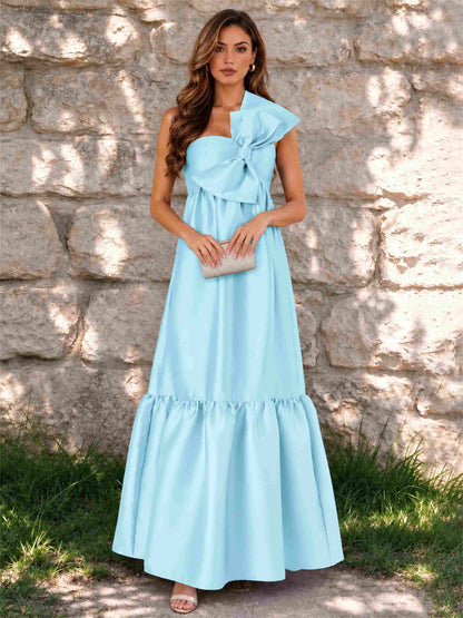 One Shoulder A-Line Satin Sleeveless Wedding Guest Dress with Bowknot