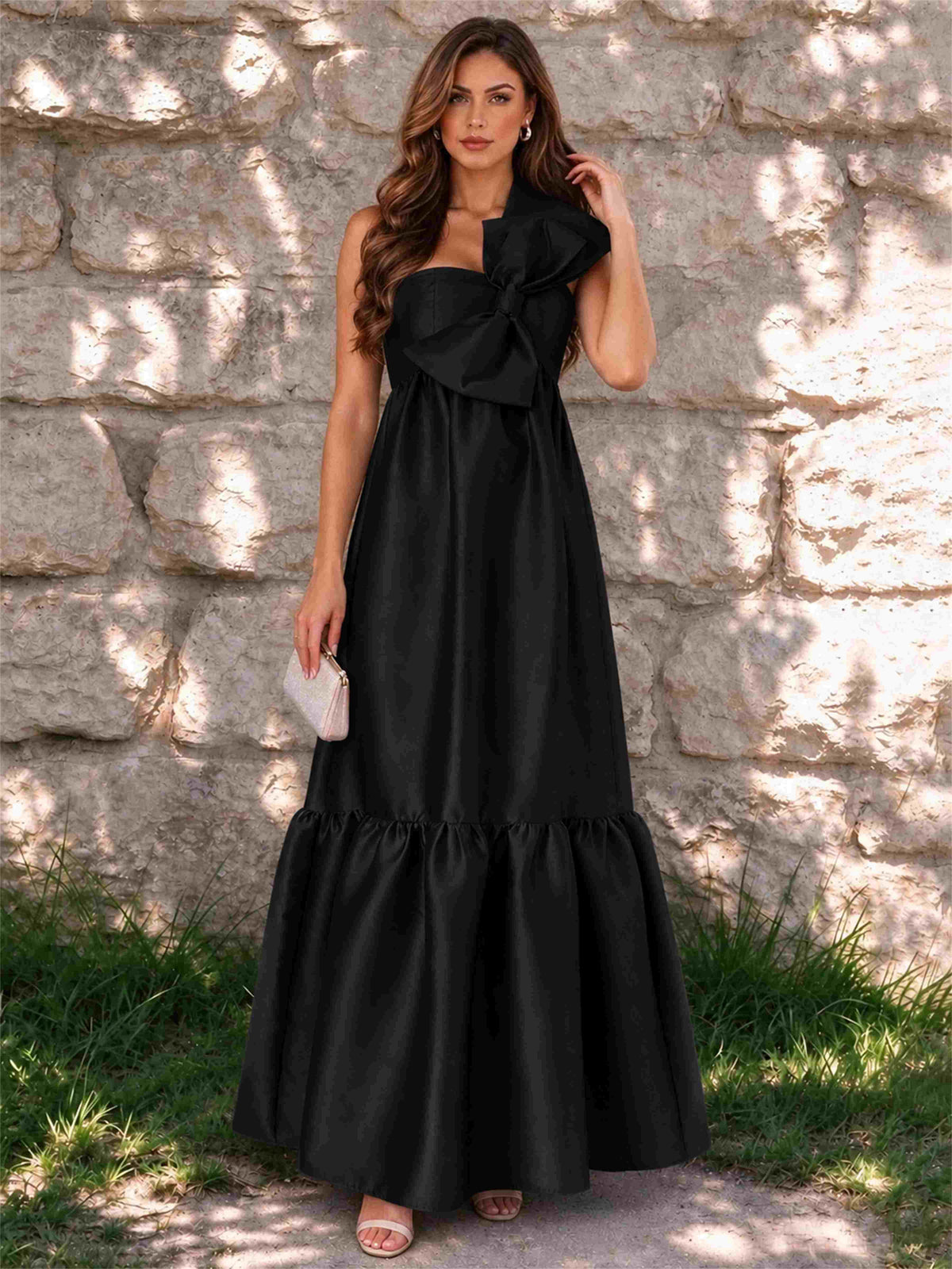 One Shoulder A-Line Satin Sleeveless Wedding Guest Dress with Bowknot