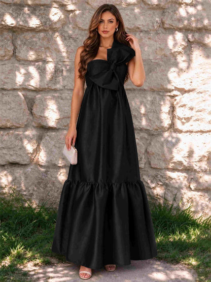 One Shoulder A-Line Satin Sleeveless Wedding Guest Dress with Bowknot
