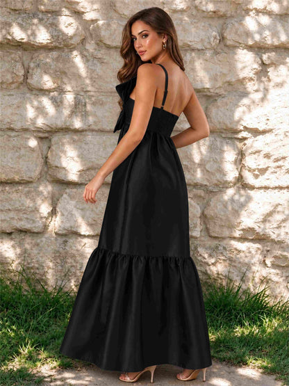 One Shoulder A-Line Satin Sleeveless Wedding Guest Dress with Bowknot